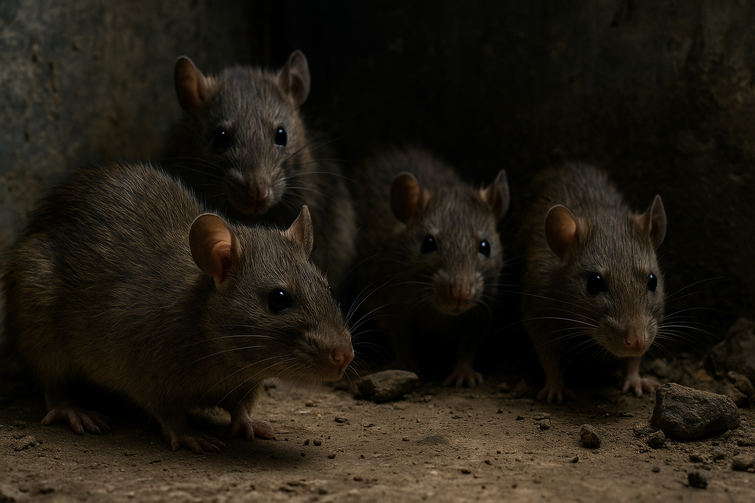 Quatre rats bruns évoluant dans un sous-sol délabré, éclairés par une lumière tamisée, illustrant leur comportement discret et leur présence dans les environnements urbains abandonnés.