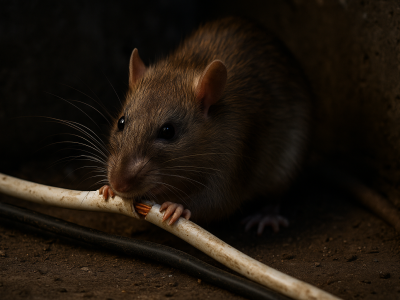 Rat brun en train de ronger un câble électrique, illustrant les risques de dégâts matériels liés à une infestation de rongeurs.