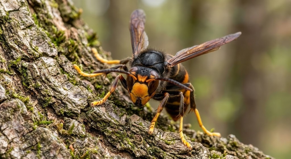 Frelon asiatique Vespa velutina sur écorce - identification thorax noir pattes jaunes