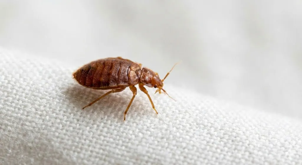 Punaise de lit adulte en gros plan sur un tissu blanc