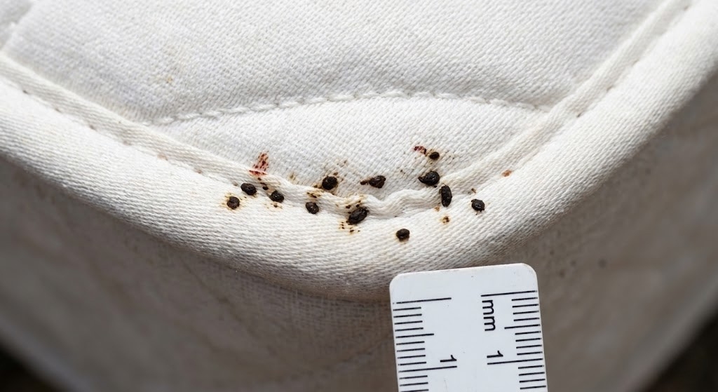 Traces et déjections de punaises de lit sur un matelas - petits points noirs