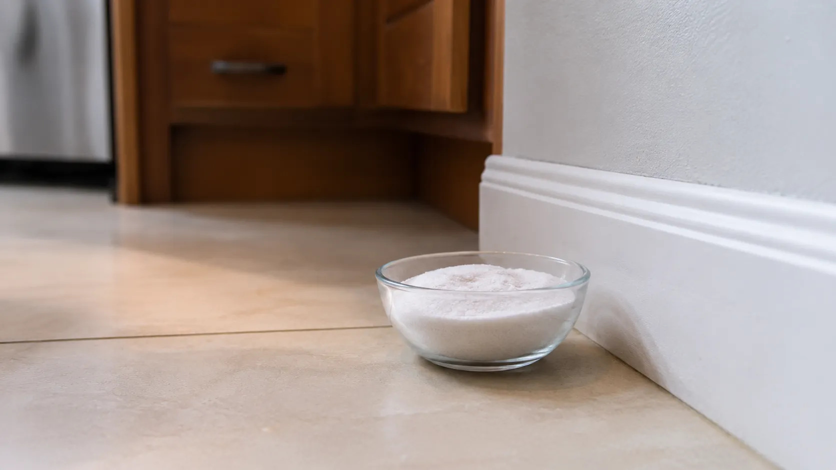 Mélange bicarbonate et sucre près d’une plinthe contre les cafards