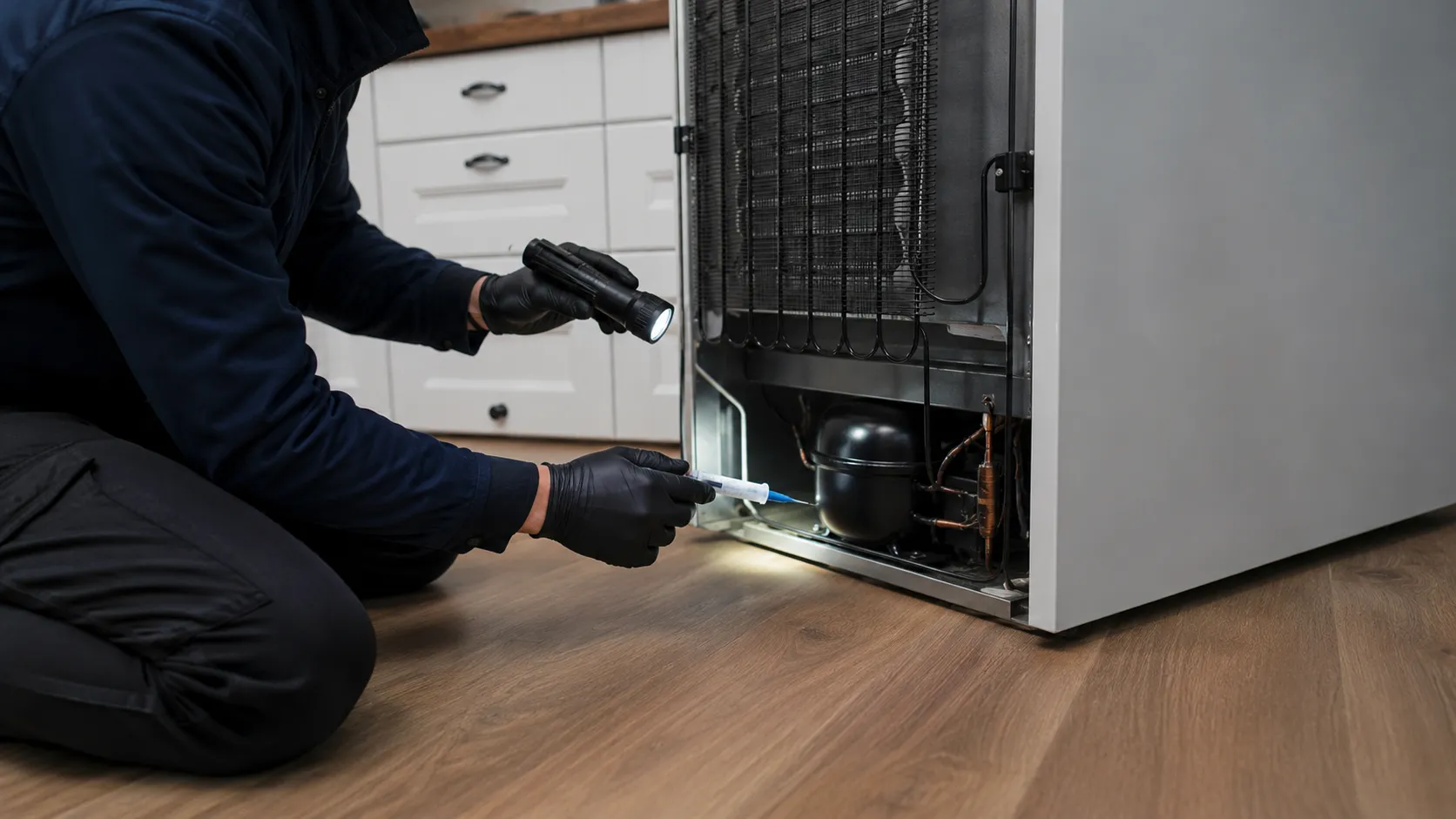 Technicien certifié appliquant un gel appât professionnel contre les cafards derrière un réfrigérateur