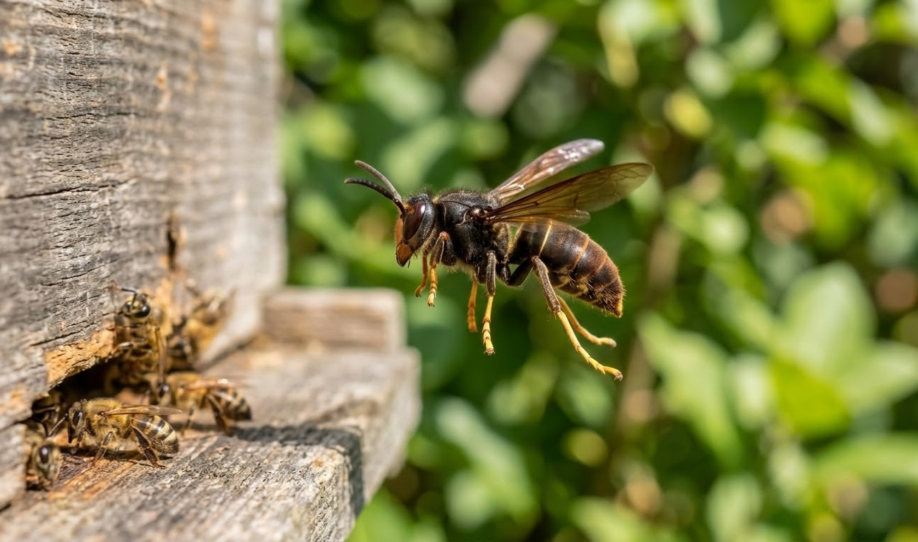 frelon asiatique chassant une abeille devant une ruche, impact sur la biodiversité