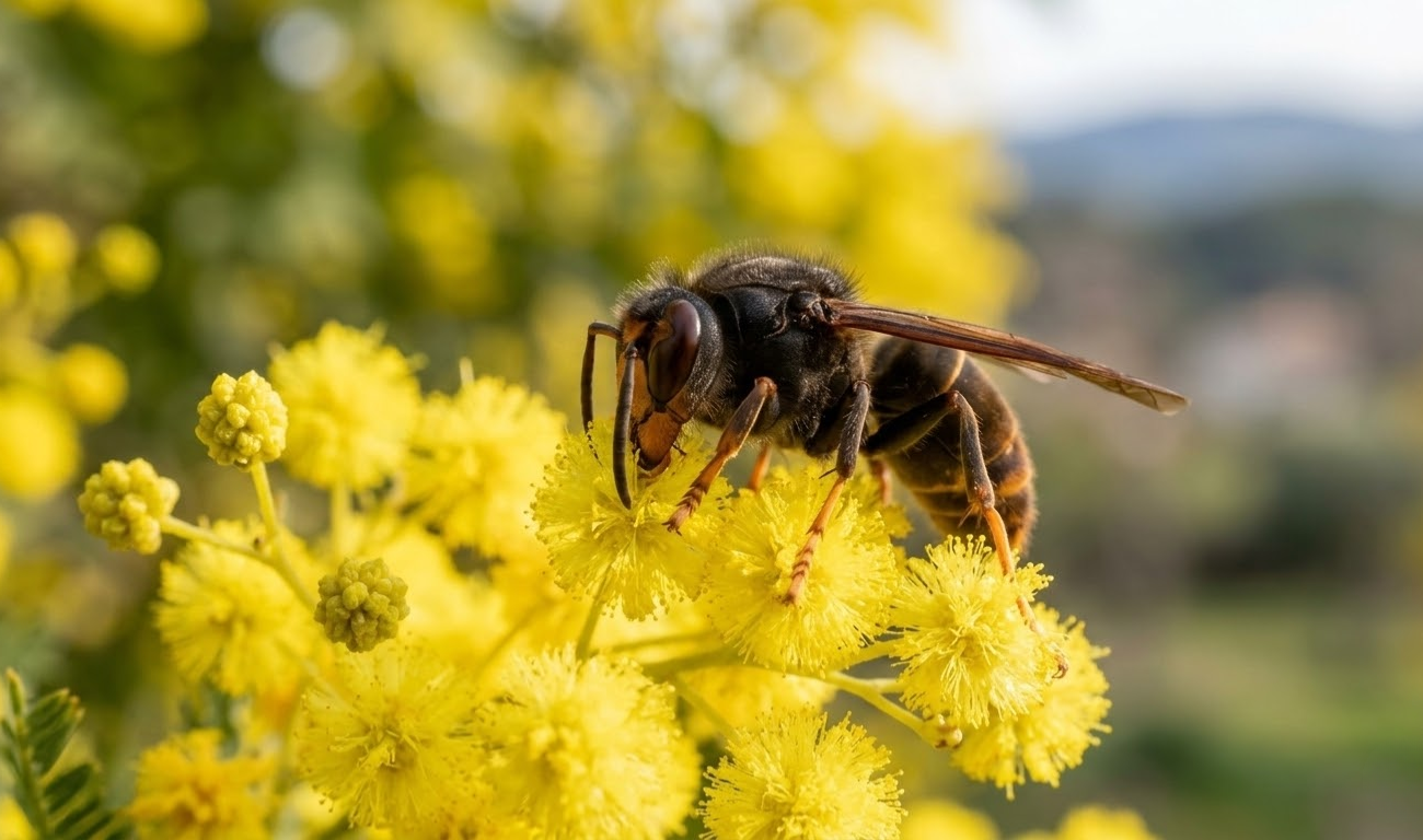 frelon asiatique en mars sur une fleur de mimosa lors de son réveil printanier
