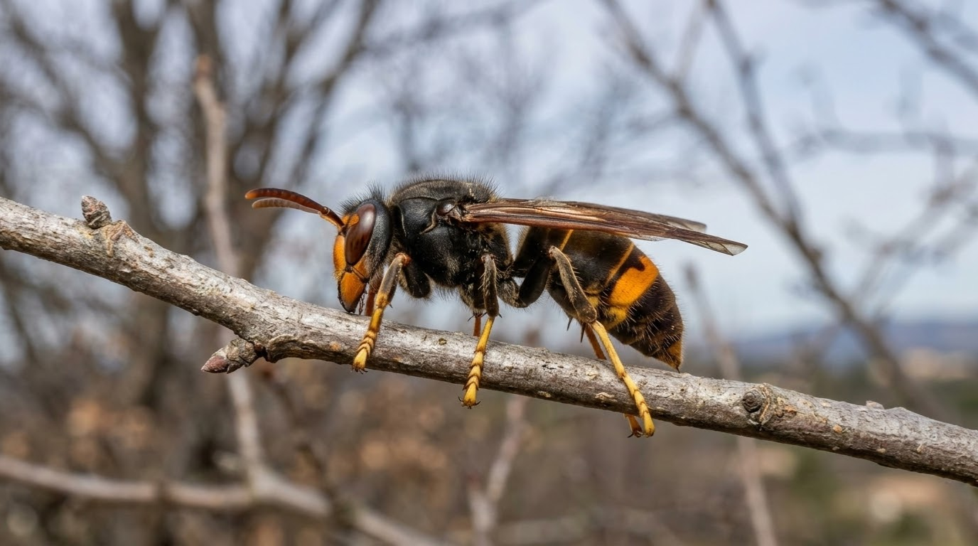 reine frelon asiatique en mars identifiée sur une branche, thorax sombre pattes jaunes