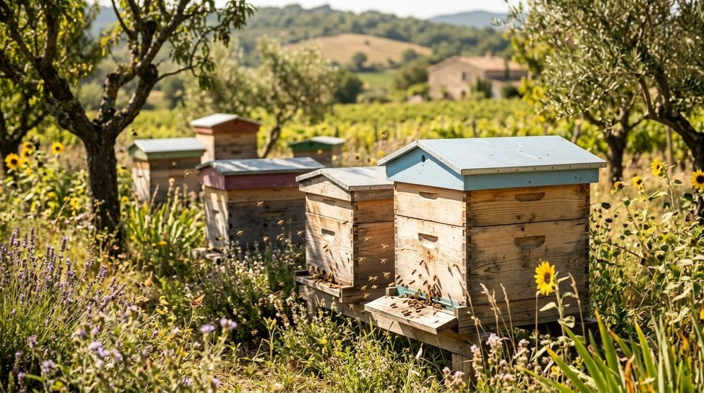 ruche d'abeilles menacée par le frelon asiatique, enjeu de biodiversité