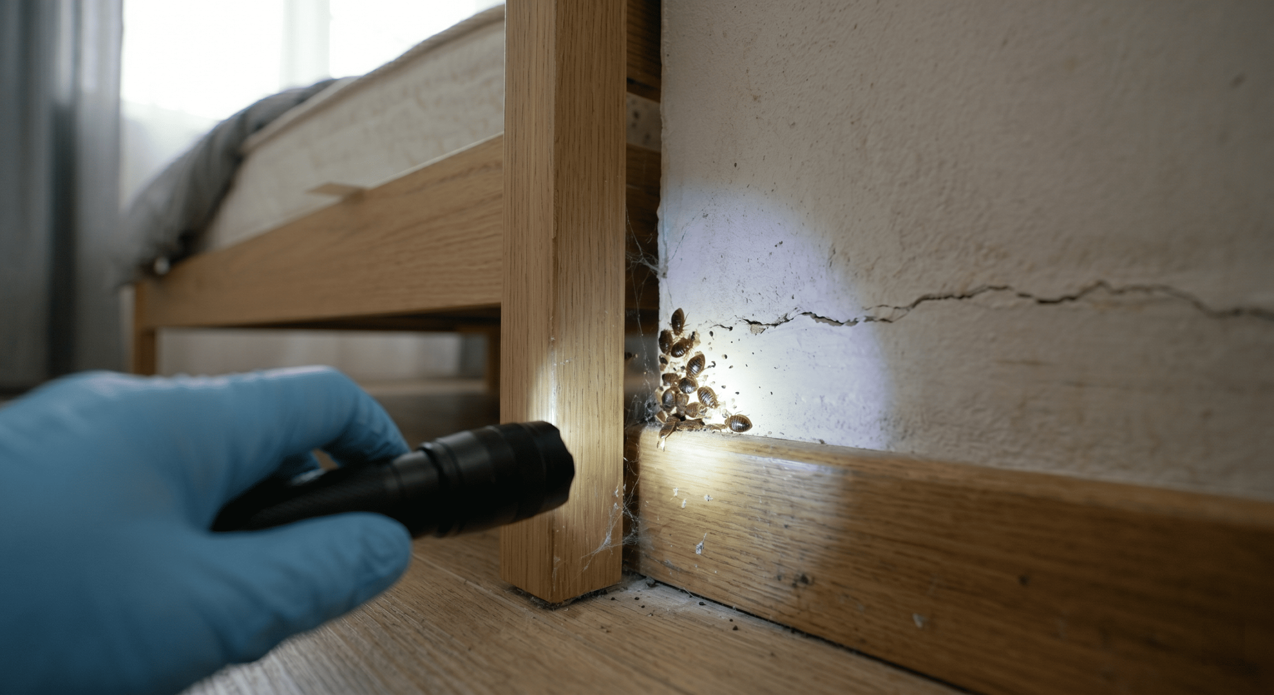 Inspection du cadre de lit et des plinthes pour repérer des punaises de lit