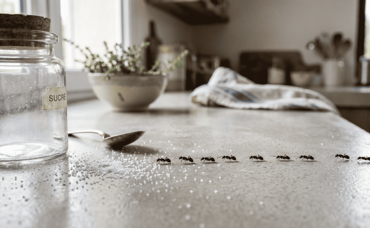 fourmis dans la maison sur un plan de travail