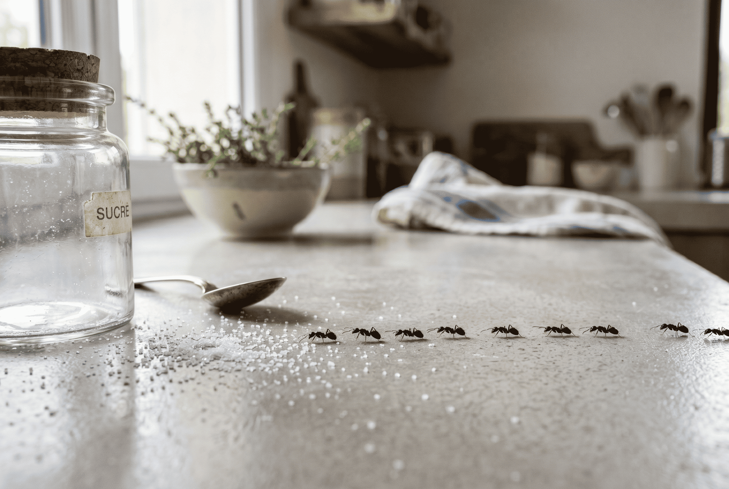 fourmis dans la maison sur un plan de travail