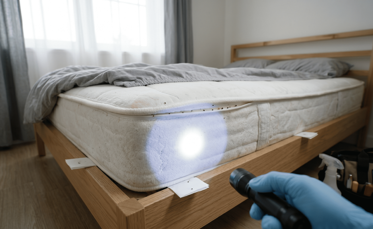 Inspection d’un matelas pour détecter des punaises de lit dans une chambre