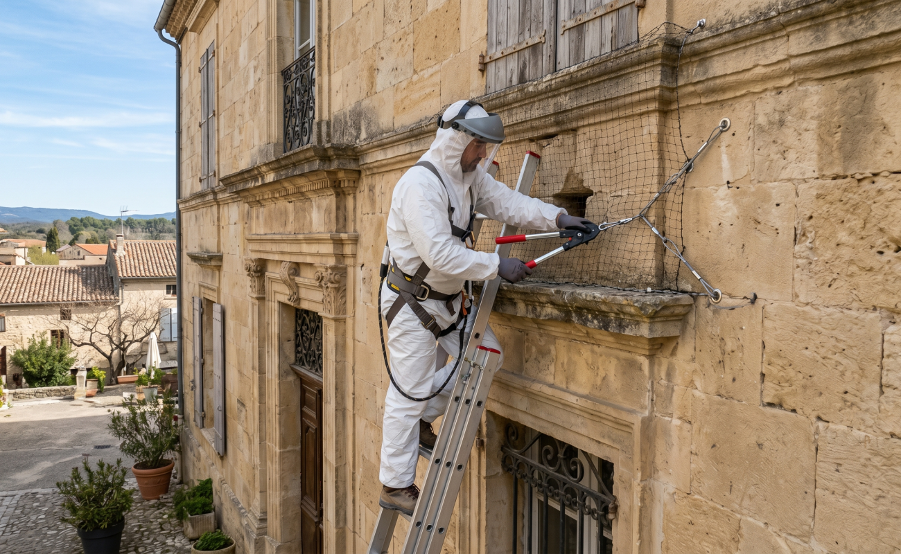 Technicien Fieri Nuisible posant des filets anti-oiseaux sur une façade en Occitanie