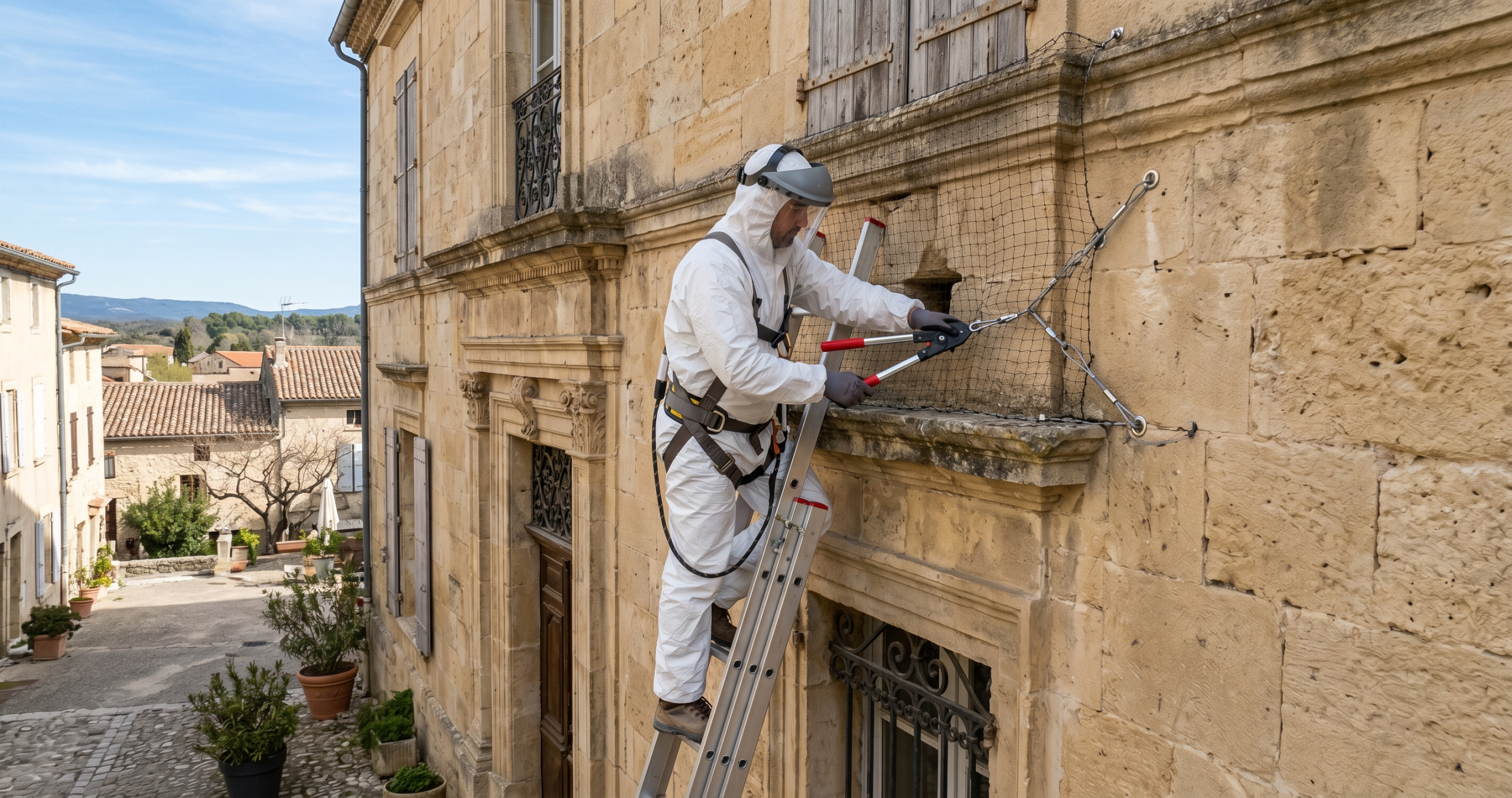 Technicien Fieri Nuisible posant des filets anti-oiseaux sur une façade en Occitanie