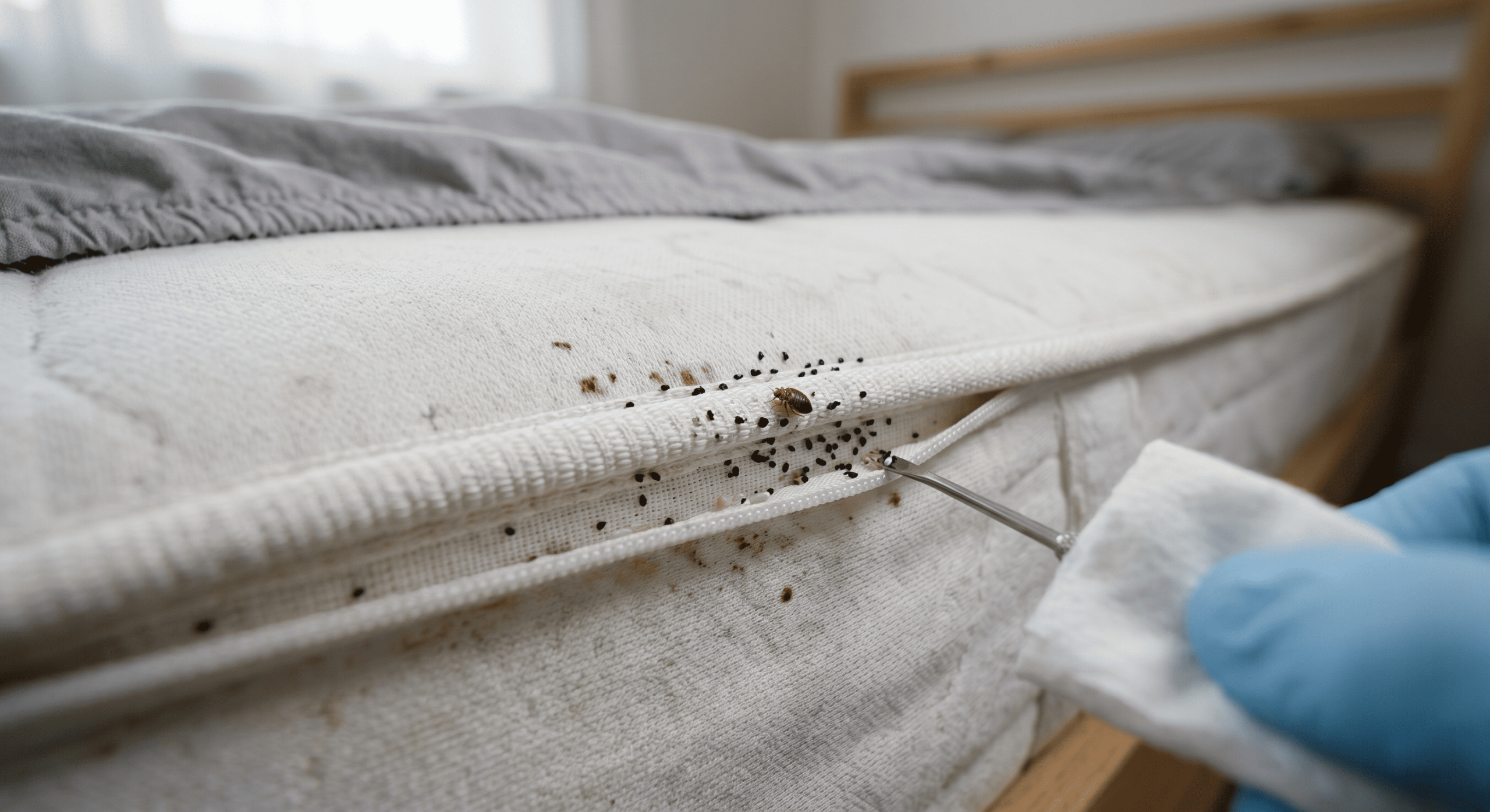 Traces noires de punaises de lit sur la couture d’un matelas