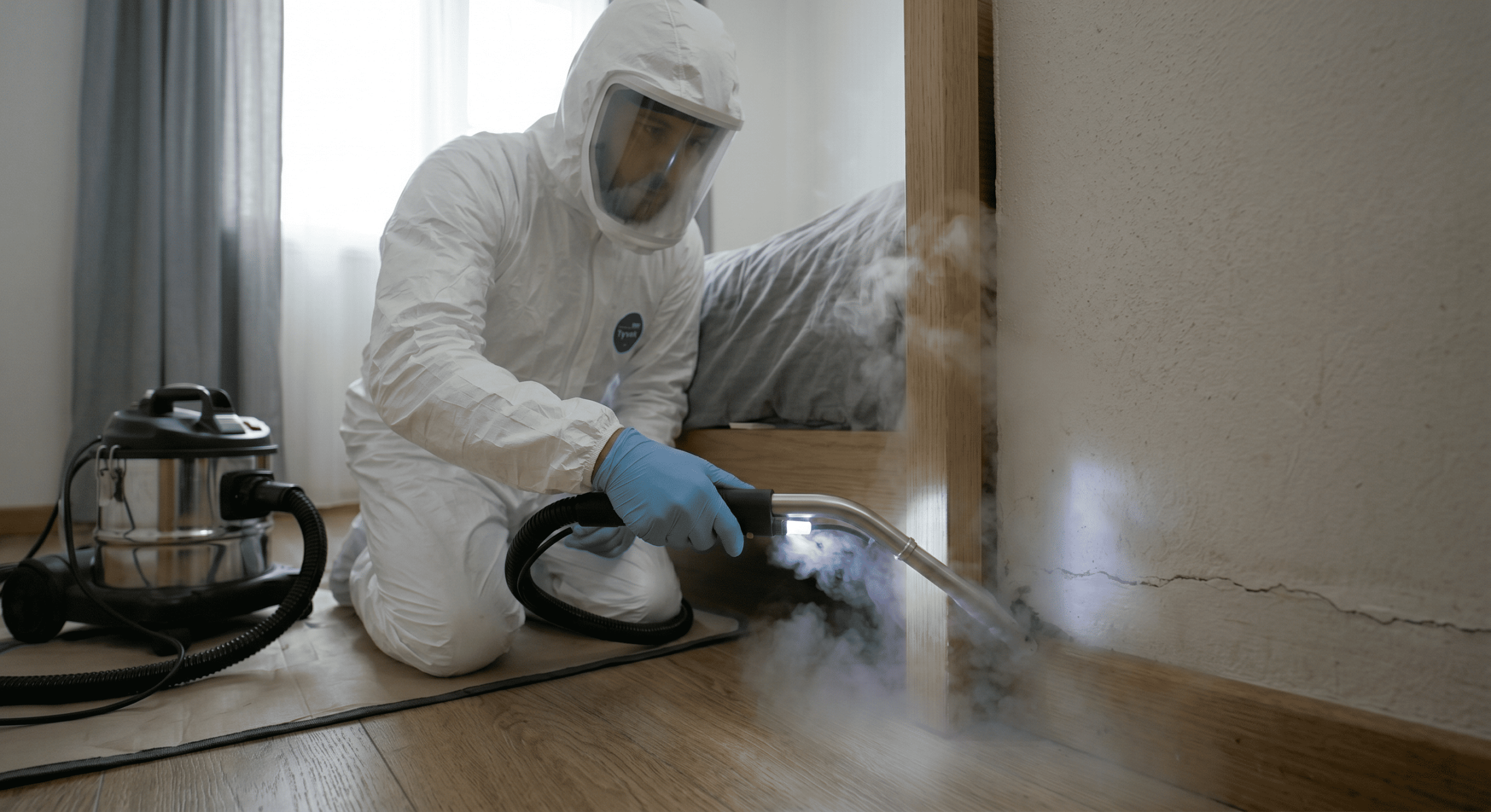 Traitement professionnel à la vapeur contre les punaises de lit dans une chambre