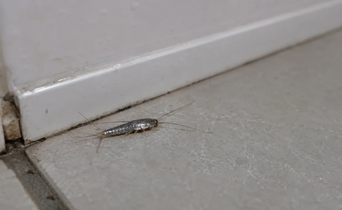 Poisson d’argent dans une salle de bain humide, insecte rampant argenté dans une maison