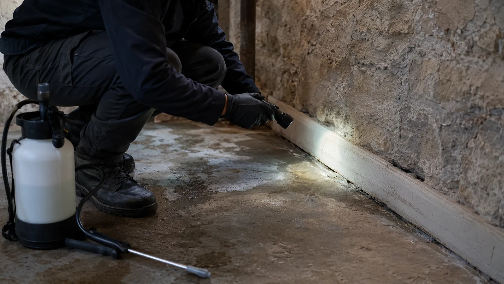 Technicien anti nuisibles inspectant une cave pour traiter la présence de scolopendres