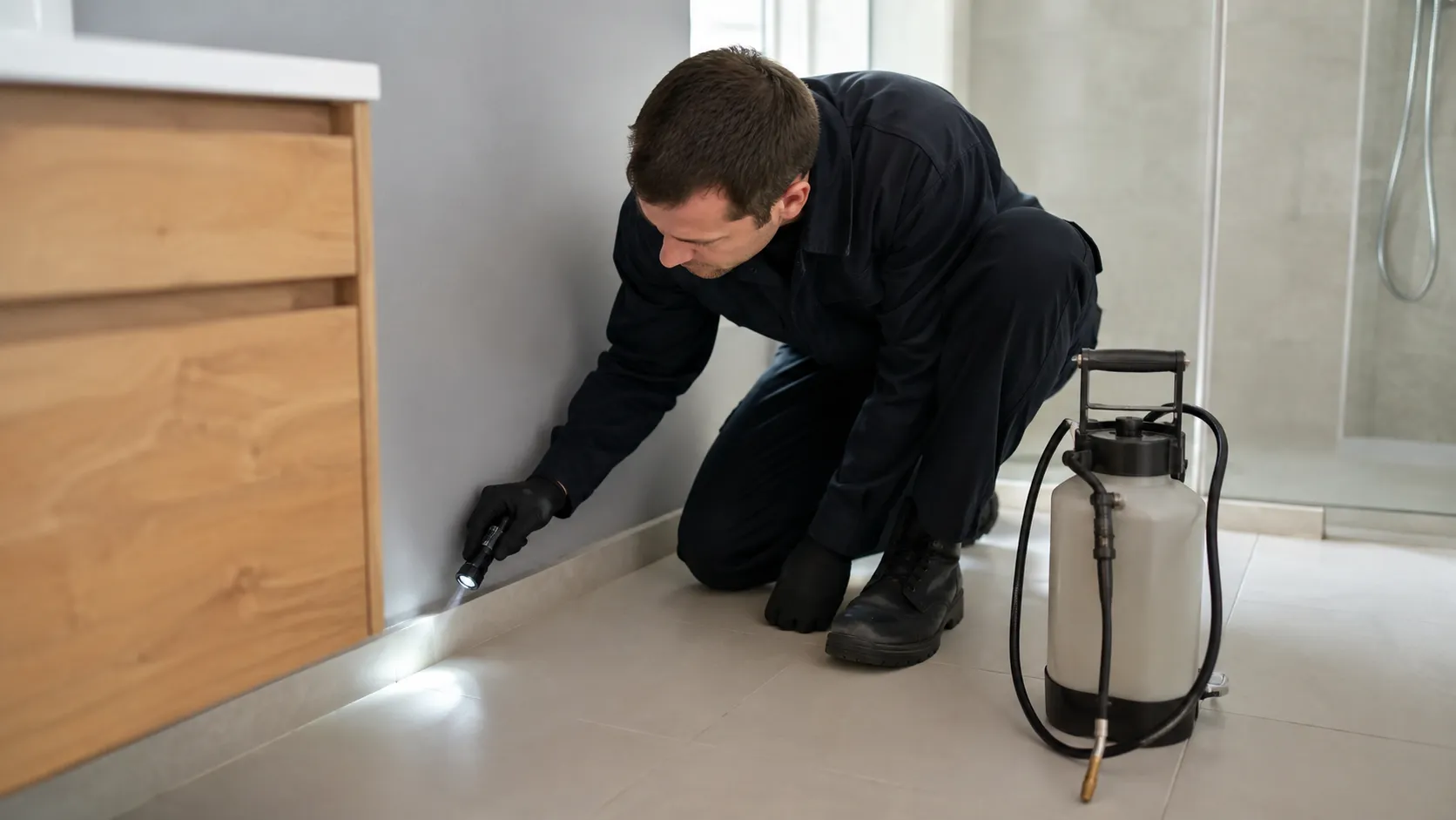 Technicien anti nuisibles inspectant une plinthe pour traiter les poissons d’argent