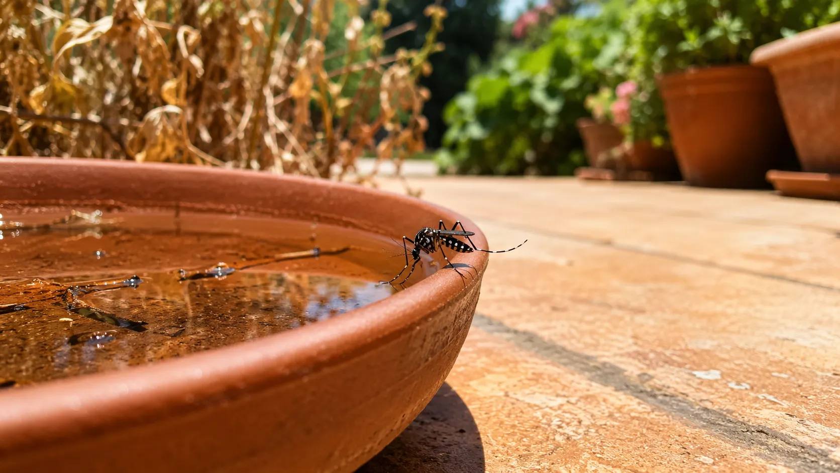 Eau stagnante dans une coupelle favorisant les moustiques tigres pendant la canicule