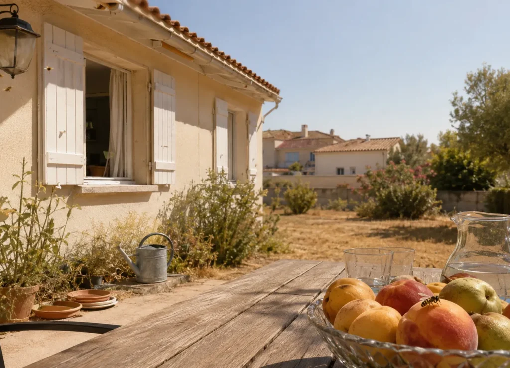 Maison en été pendant une canicule avec nuisibles autour de la terrasse et du jardin