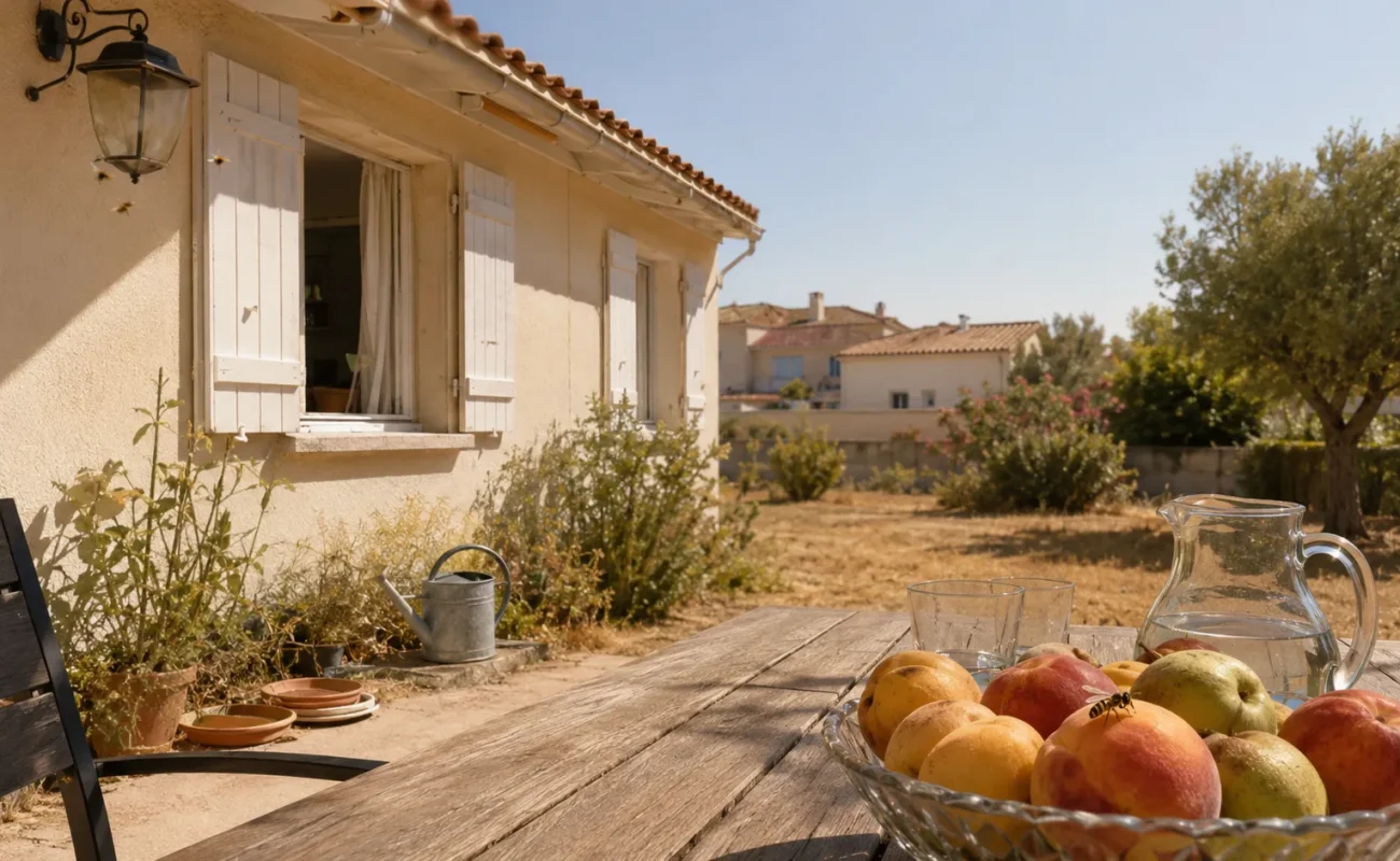 Maison en été pendant une canicule avec nuisibles autour de la terrasse et du jardin