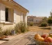 Maison en été pendant une canicule avec nuisibles autour de la terrasse et du jardin