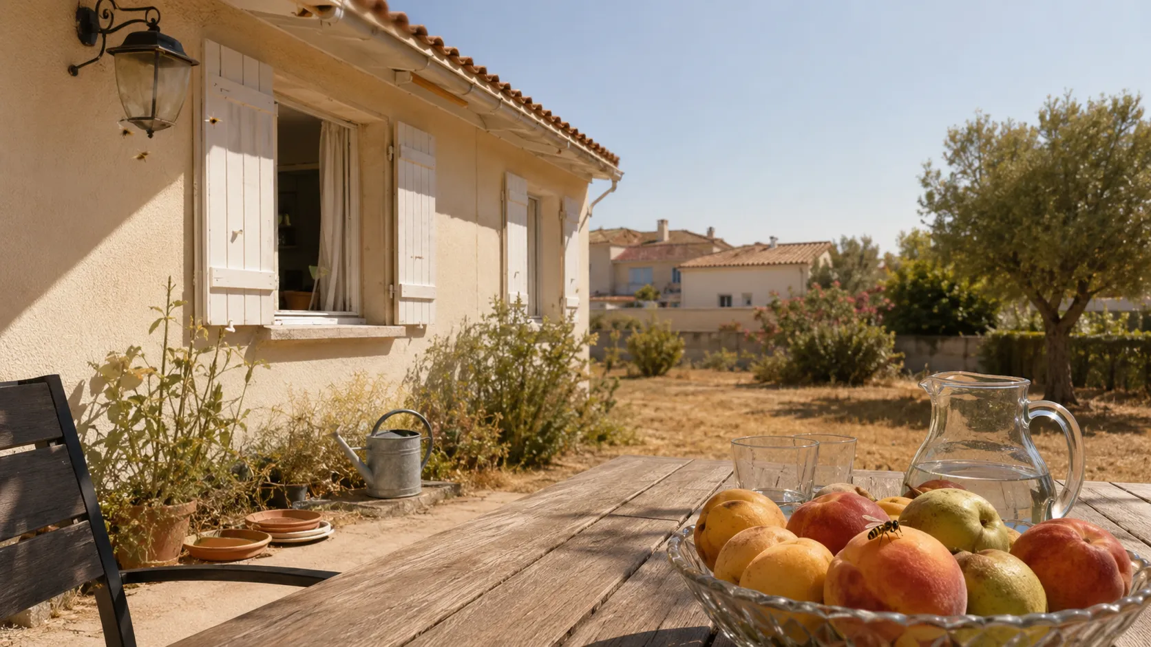 Maison en été pendant une canicule avec nuisibles autour de la terrasse et du jardin