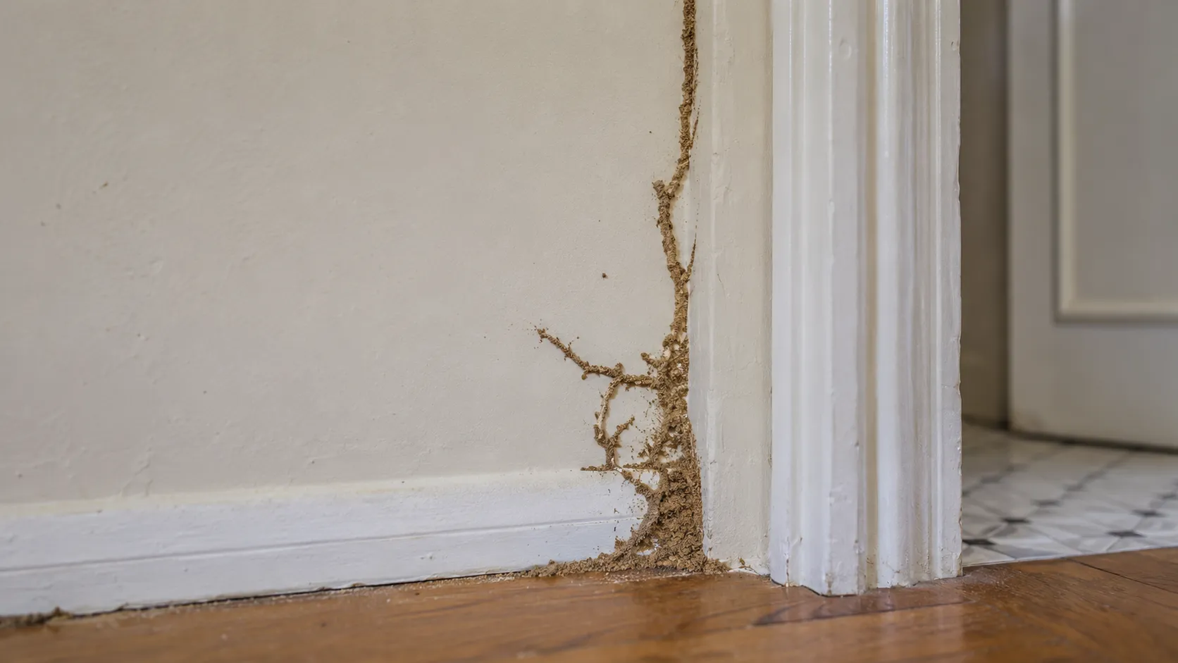 Cordonnets de termites sur un mur intérieur
