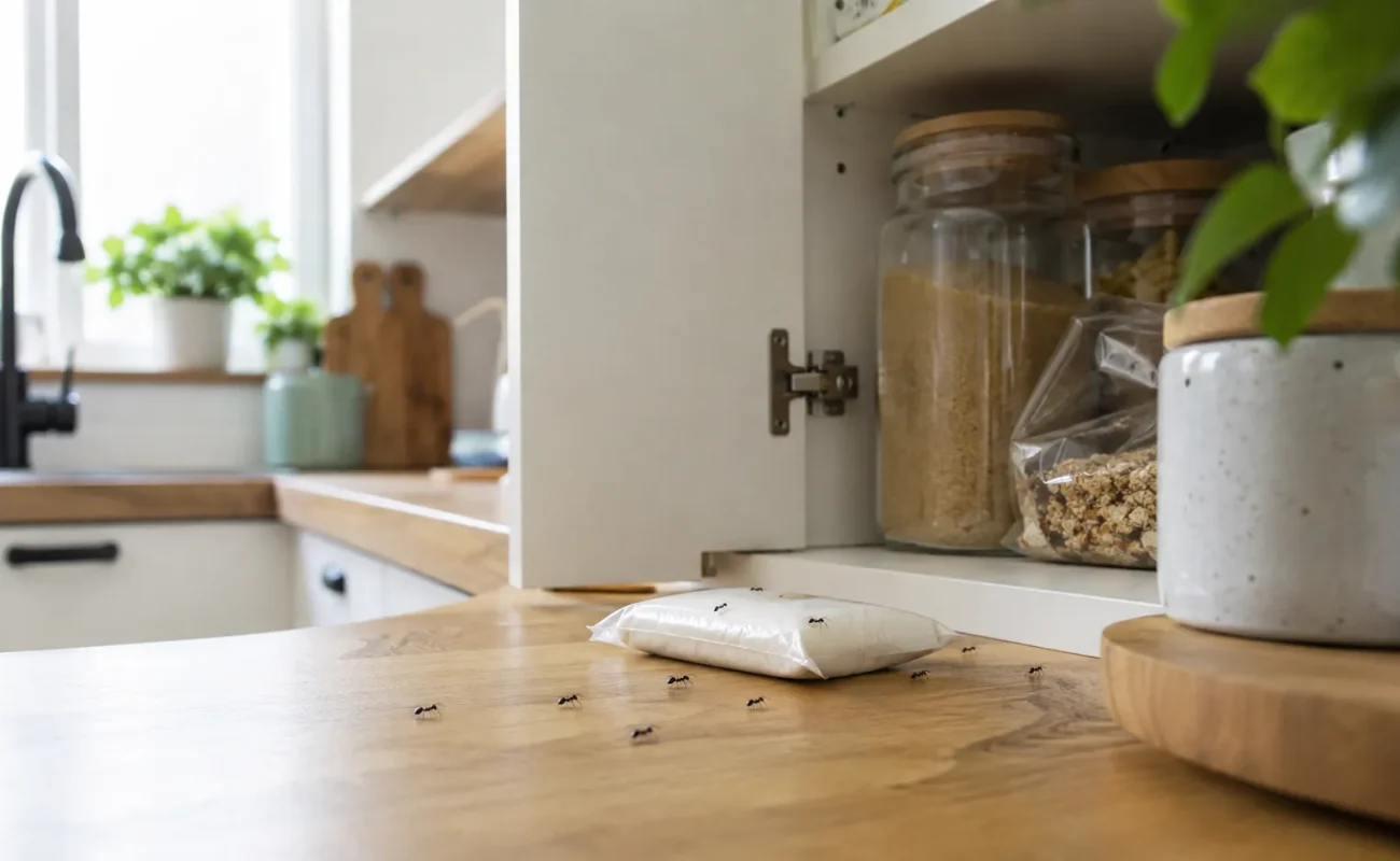 Fourmis dans une maison près d’une cuisine et d’un placard alimentaire