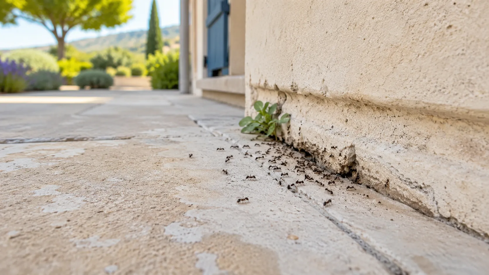 Nid de fourmis près d’une terrasse et d’un mur extérieur