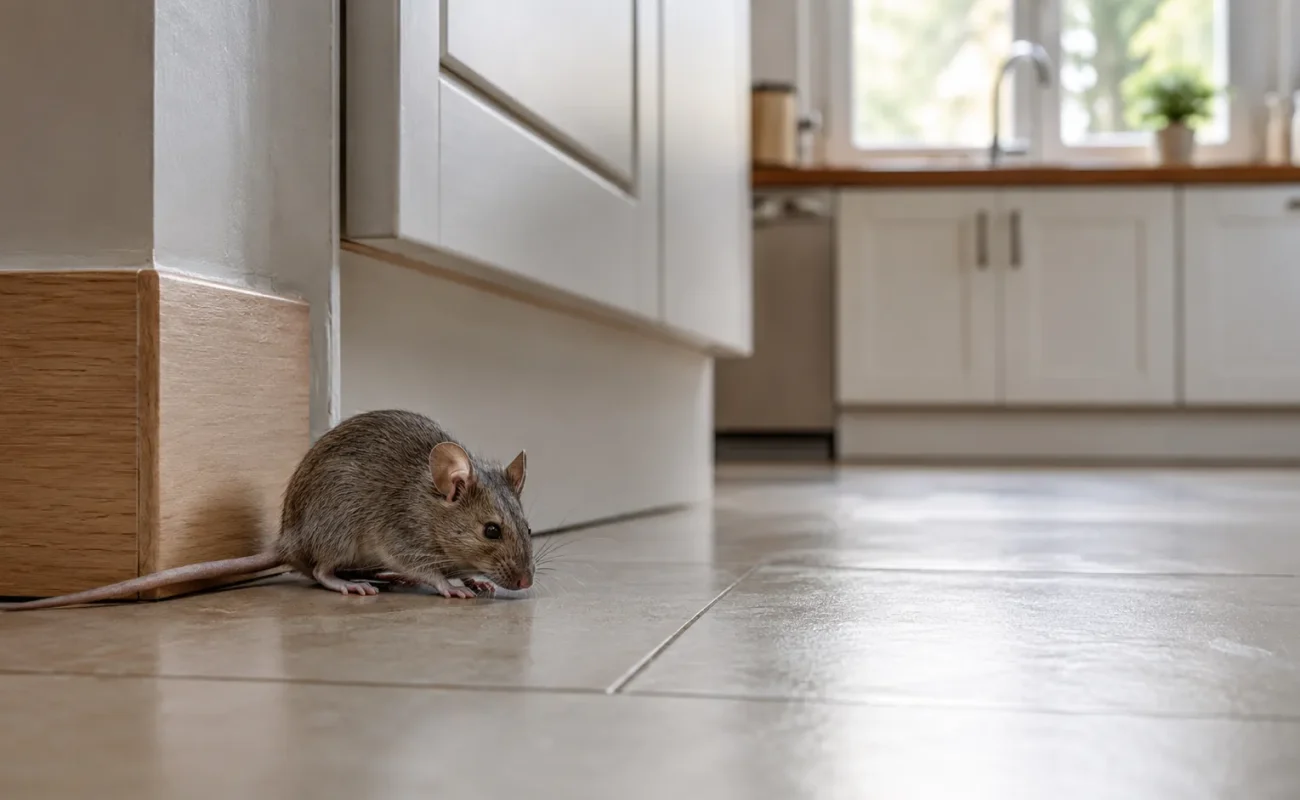 Souris domestique dans une cuisine près d’un meuble bas