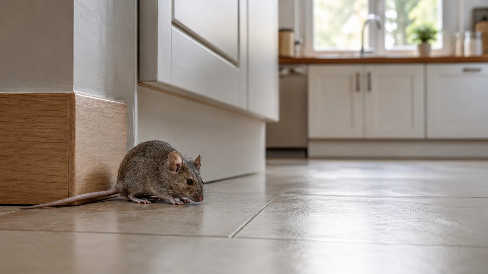 Souris domestique dans une cuisine près d’un meuble bas