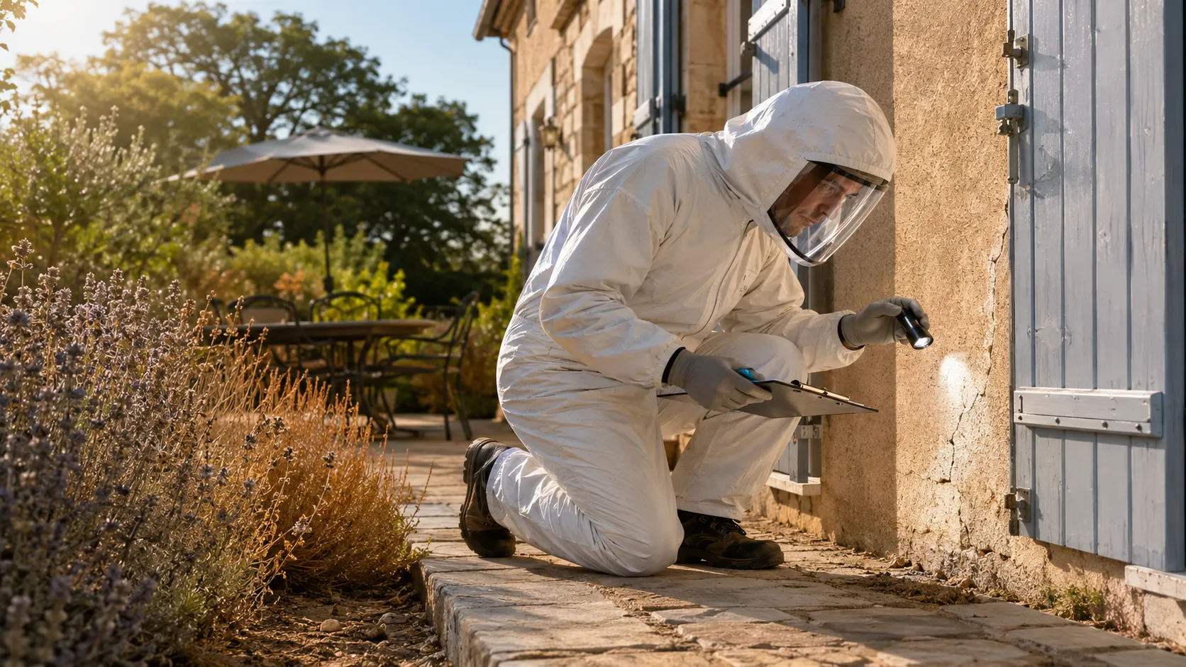 Technicien anti nuisibles inspectant une maison pendant une période de forte chaleur