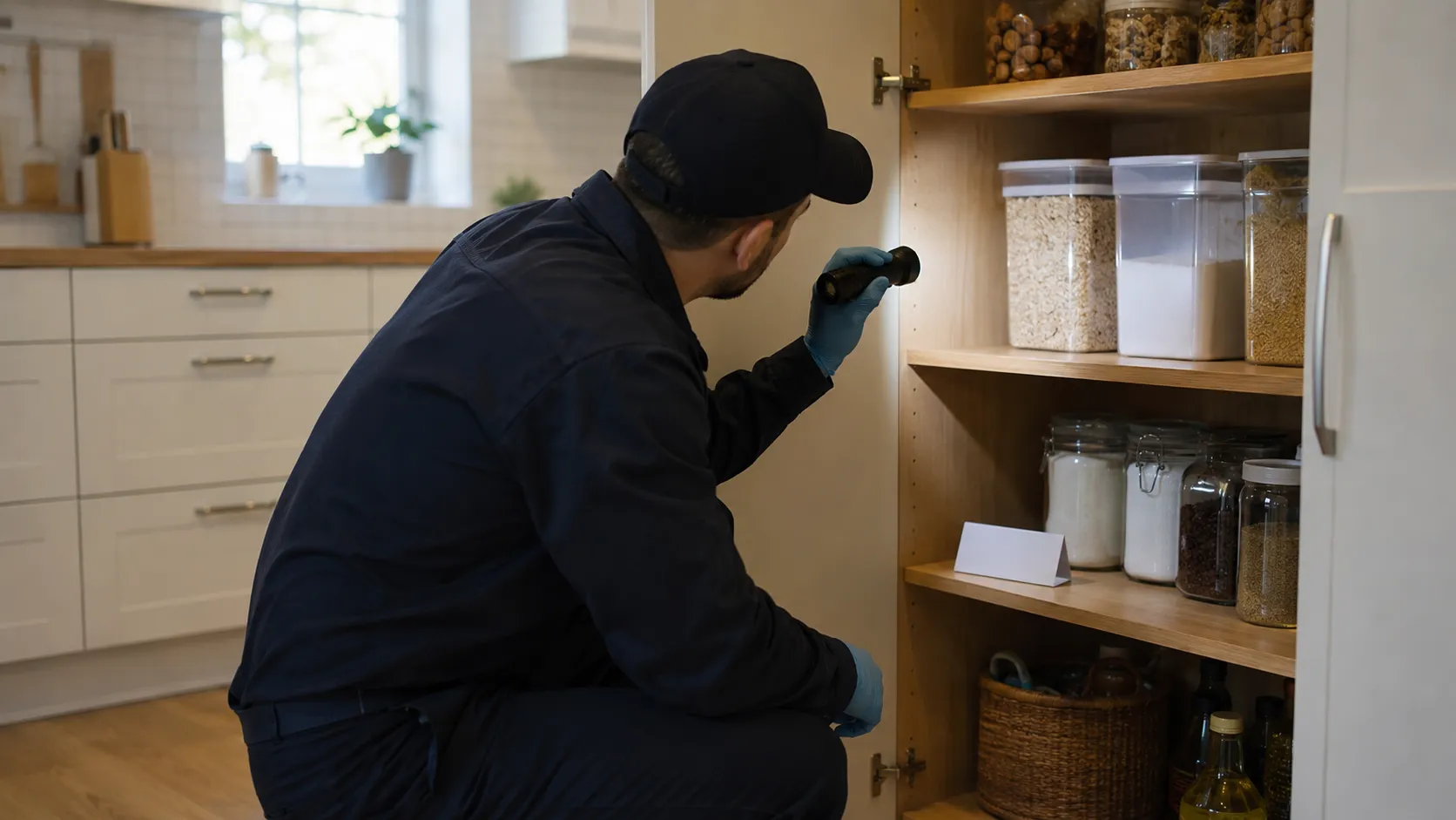 Technicien anti nuisibles inspectant une cuisine contre les mites alimentaires