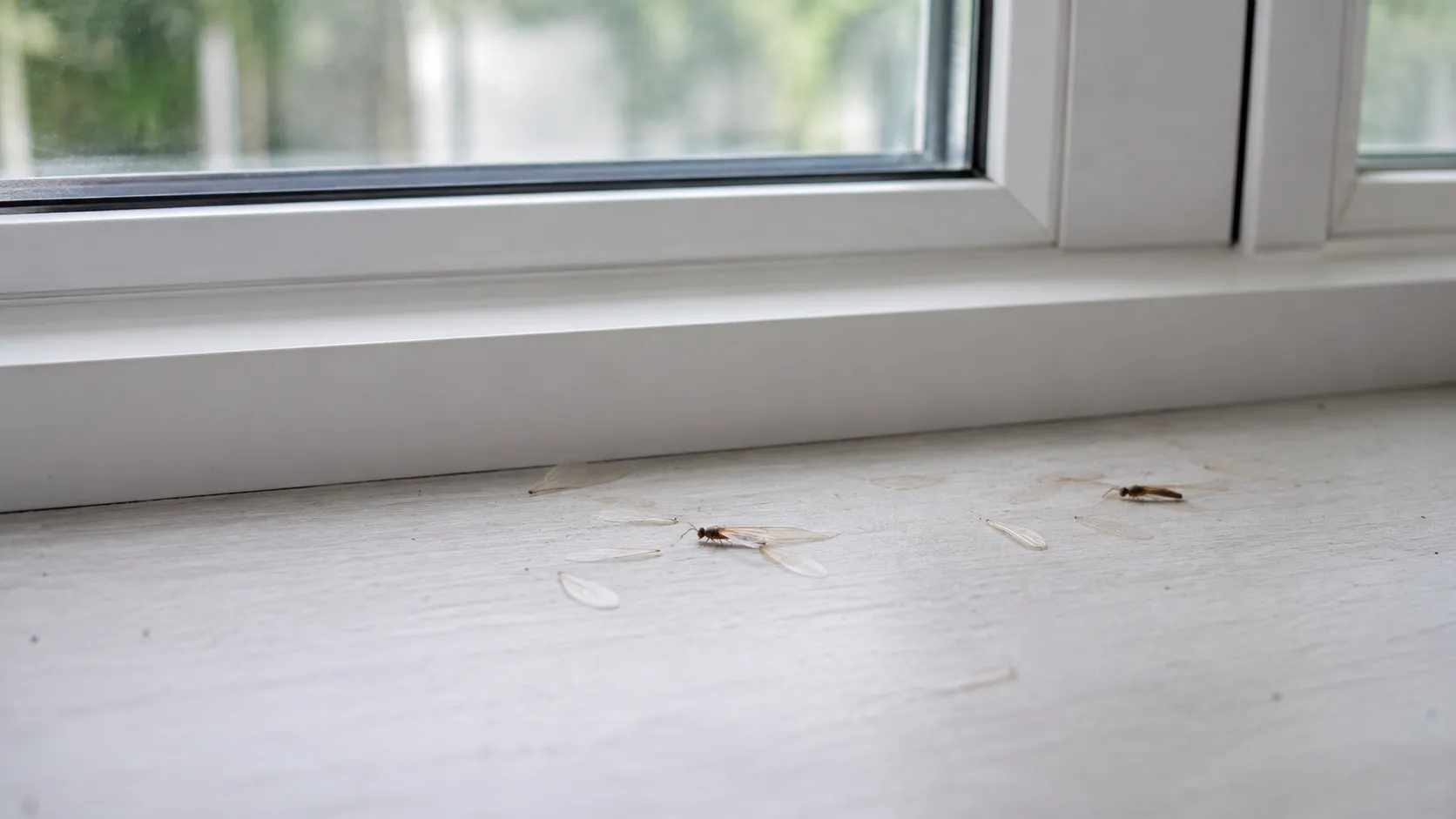 Termites ailés après essaimage près d’une fenêtre