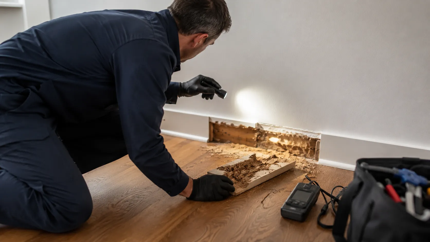 Technicien anti nuisibles contrôlant une zone infestée par des termites