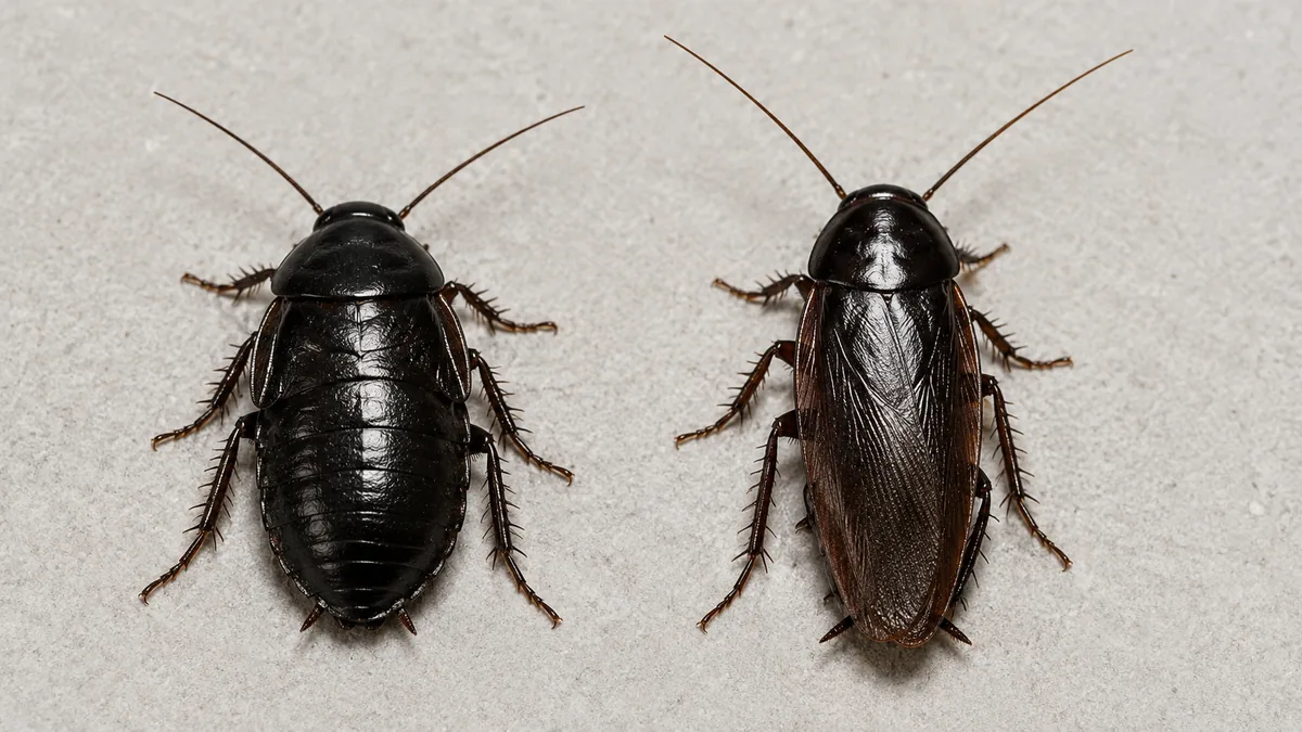 Comparaison entre un mâle et une femelle de blatte orientale montrant la différence de longueur des ailes