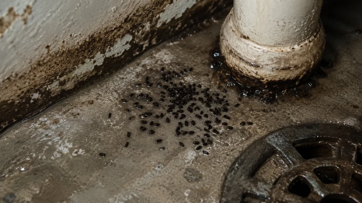 Déjections de blatte orientale près d’une évacuation dans une cave humide