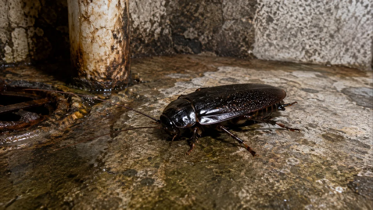 Blatte orientale noire dans une zone humide près d’une canalisation