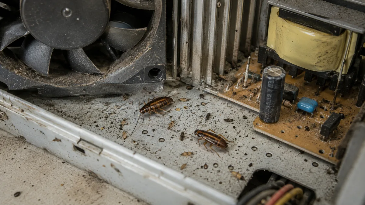 Blattes rayées et traces d’infestation dans un appareil électronique