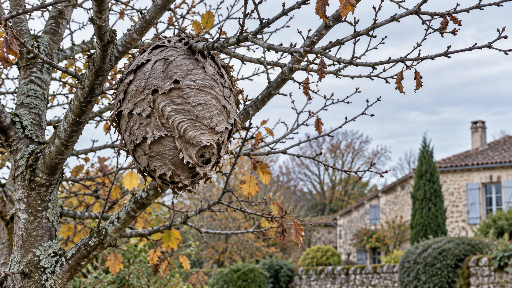 Illustration d’un ancien nid de frelon visible dans un arbre presque sans feuilles