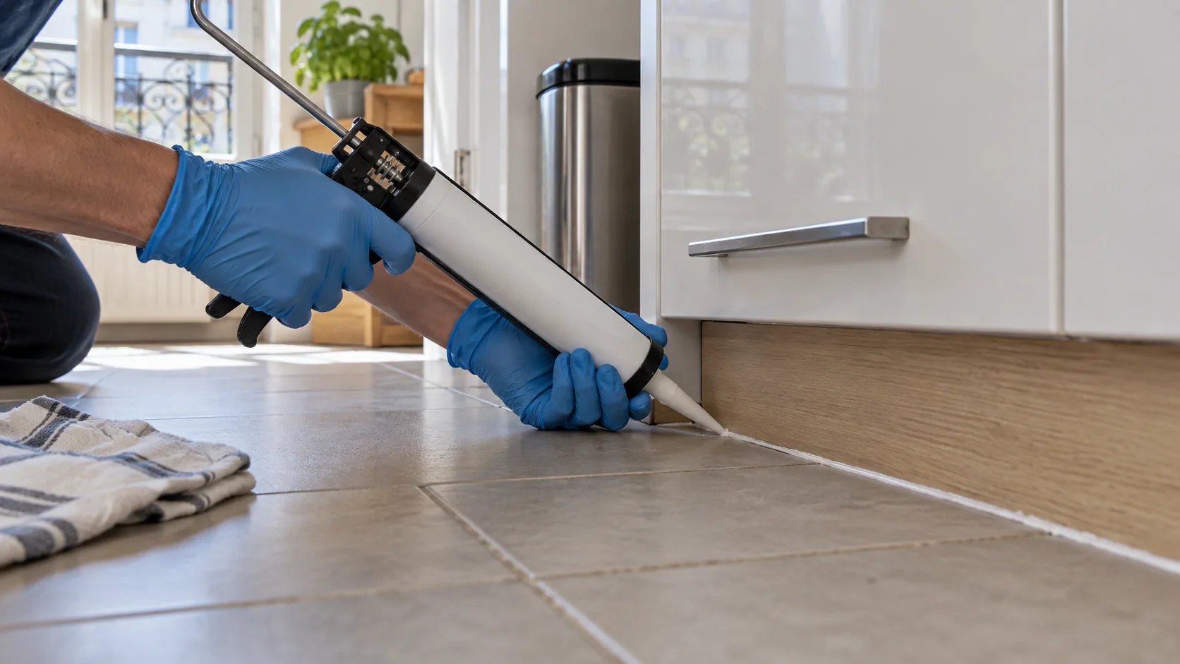 Colmatage d'un interstice au pied d'un meuble de cuisine pour limiter les refuges de cafards