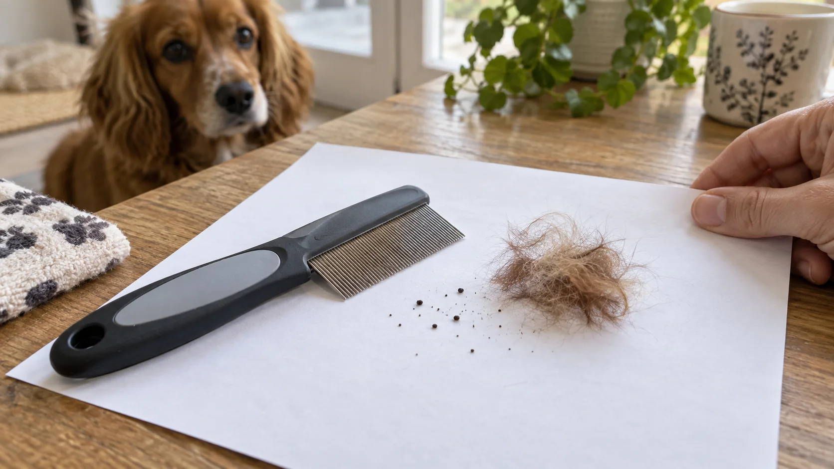 Peigne à puces, poils de chien et petits grains sombres recueillis sur une feuille blanche
