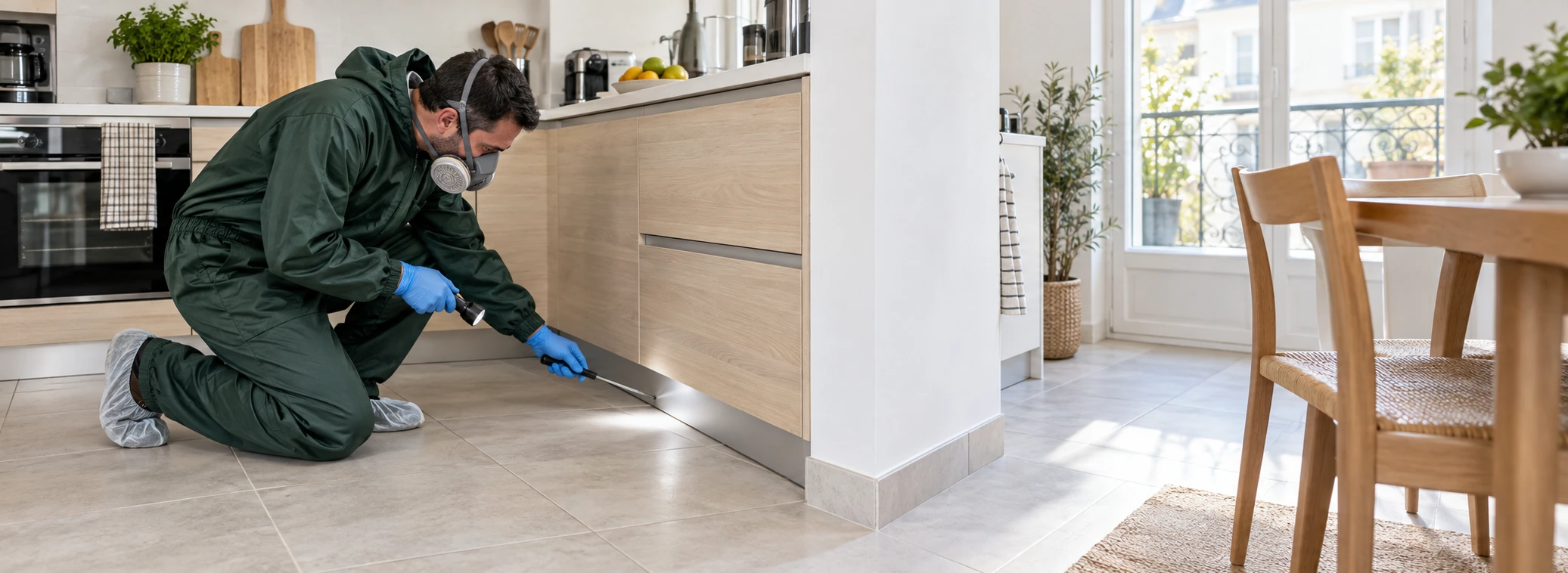 Technicien en tenue de protection inspectant les zones de passage des insectes dans une cuisine