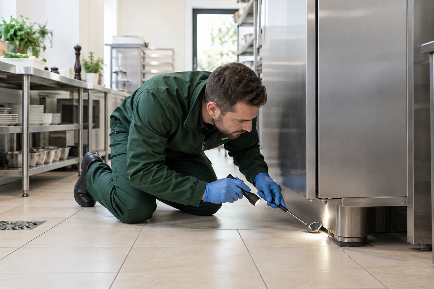 Technicien en désinsectisation inspectant les zones difficiles d’accès d’une cuisine professionnelle
