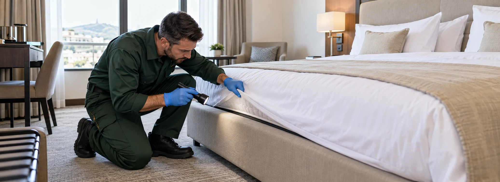 Technicien inspectant la couture d’un matelas à la recherche de punaises de lit