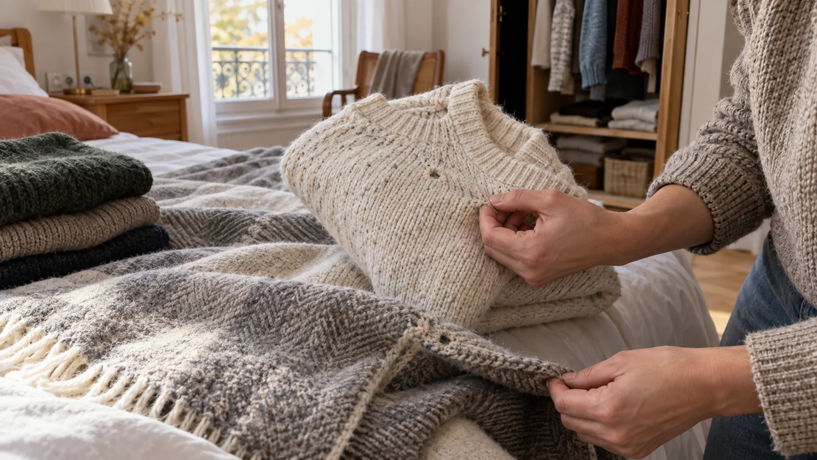 Inspection illustrative des coutures et des plis de vêtements en laine dans une chambre
