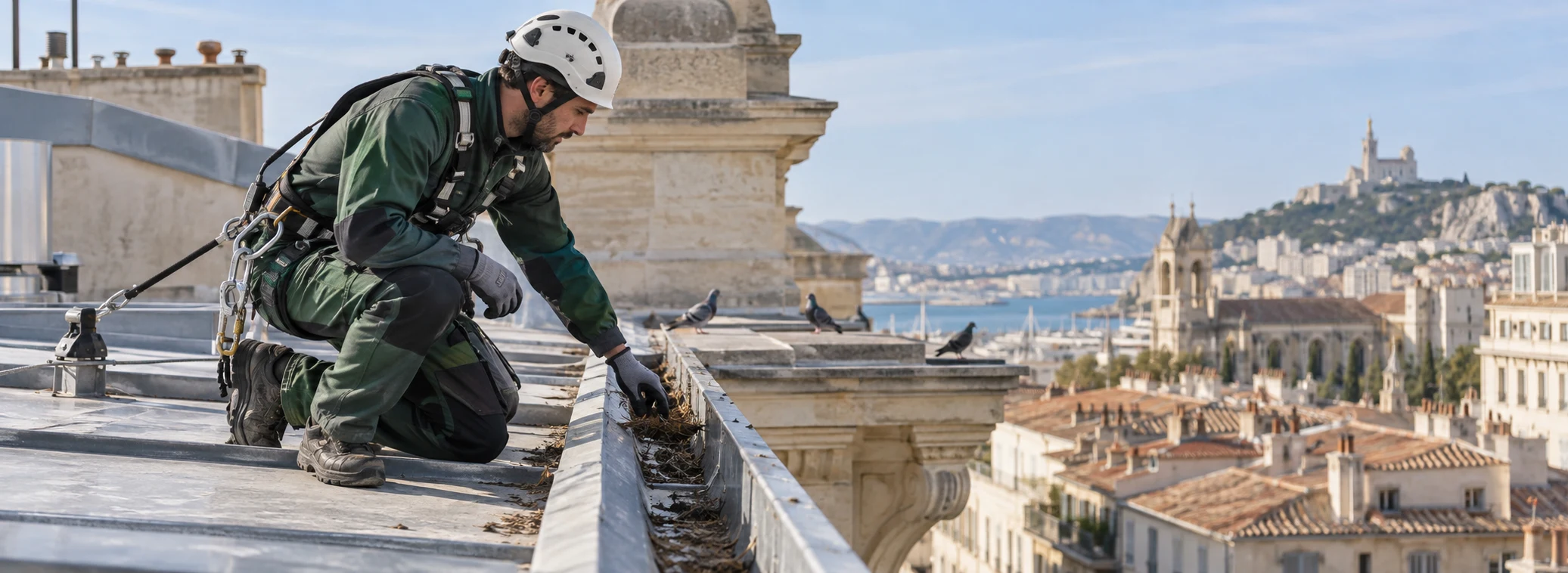 Technicien inspectant une toiture et les zones fréquentées par les pigeons