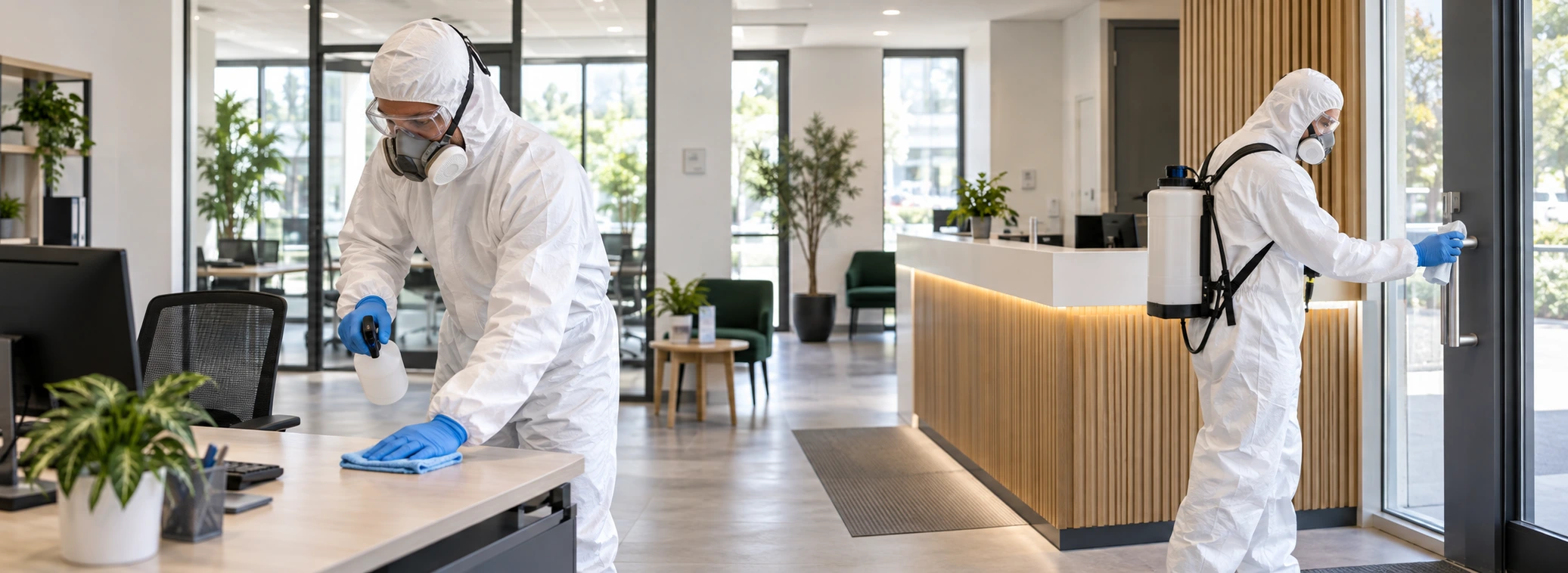 Techniciens réalisant une désinfection professionnelle dans des locaux tertiaires