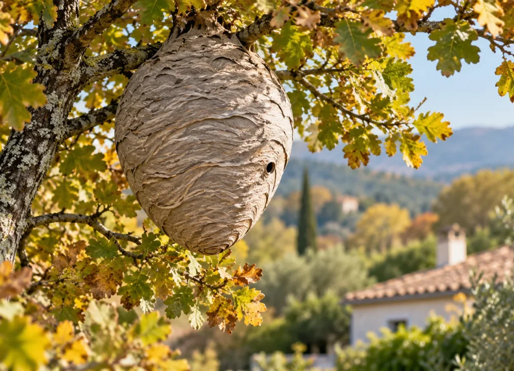 Nid de frelon asiatique dans un arbre aux feuilles d'automne, illustration